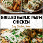 Grilled chicken in rich garlic parmesan cream sauce garnished with parsley on a rustic plate.